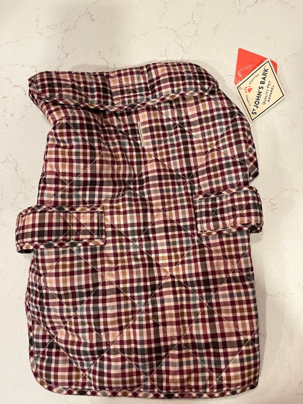 St. John's Bay Quilted Plaid Dog Coat in Burgundy, Cream, Brown
